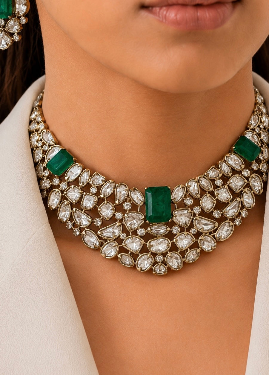 22K Mehendi Gold Plated Antique Polki Diamond Choker Necklace Set with Emerald Accents | Heritage Bridal &amp; Statement Jewellery with Matching Earrings