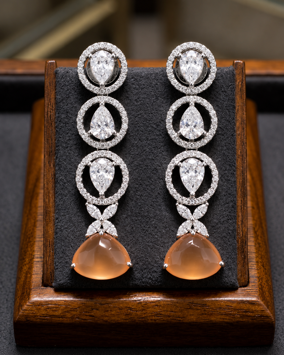 Silver-Finish Necklace and Earring Set with Teardrop and Round Stone Accents