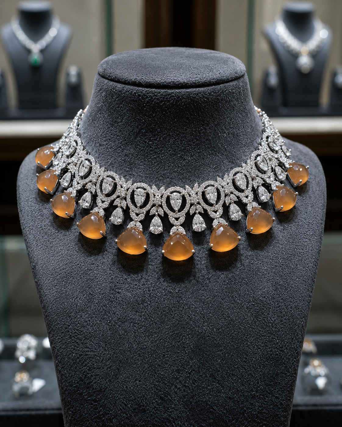 Silver-Finish Necklace and Earring Set with Teardrop and Round Stone Accents