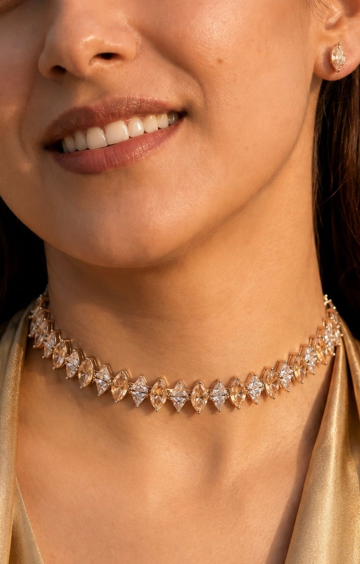 Saanjh Champagne & Clear Stone Choker Necklace | Marquise-Cut Statement Collar