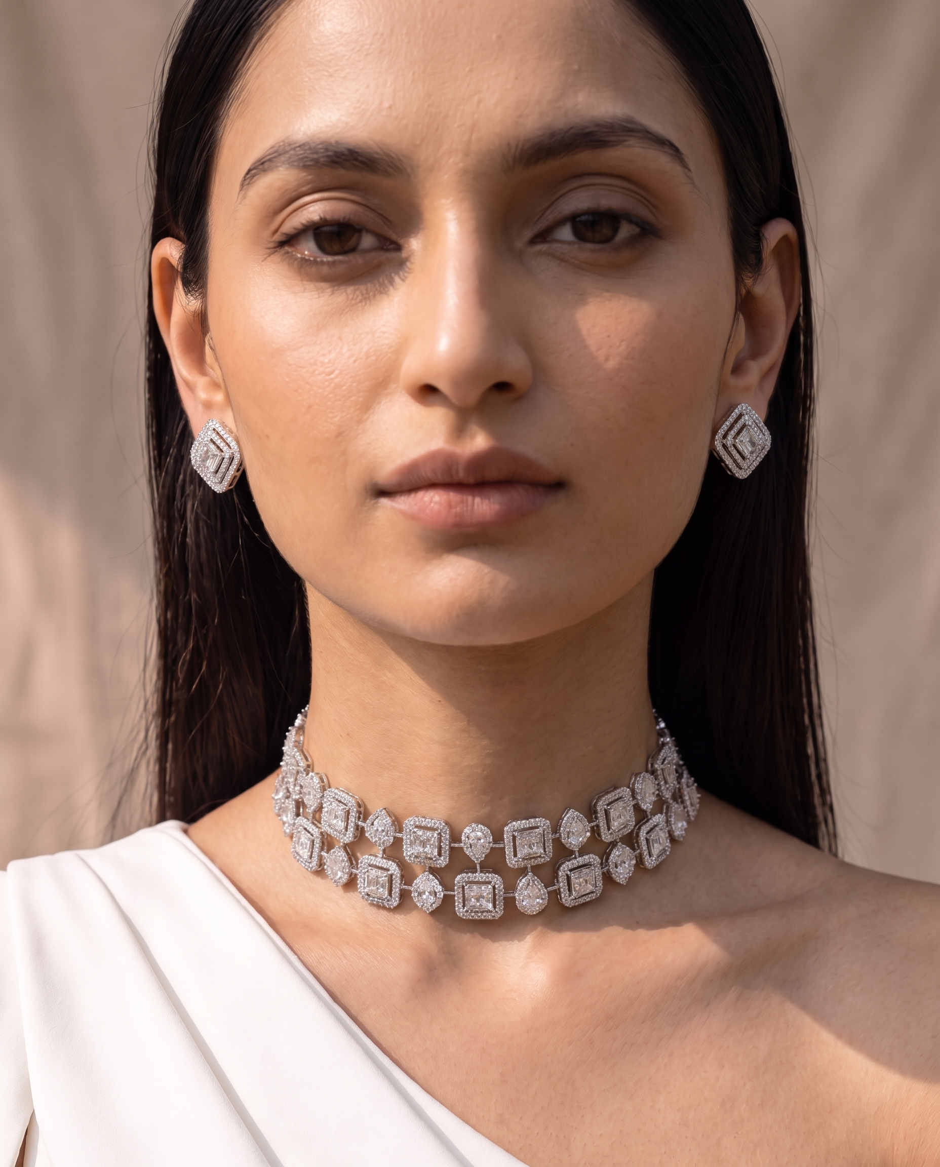 Geometric Halo Diamond Choker &amp; Earring Set