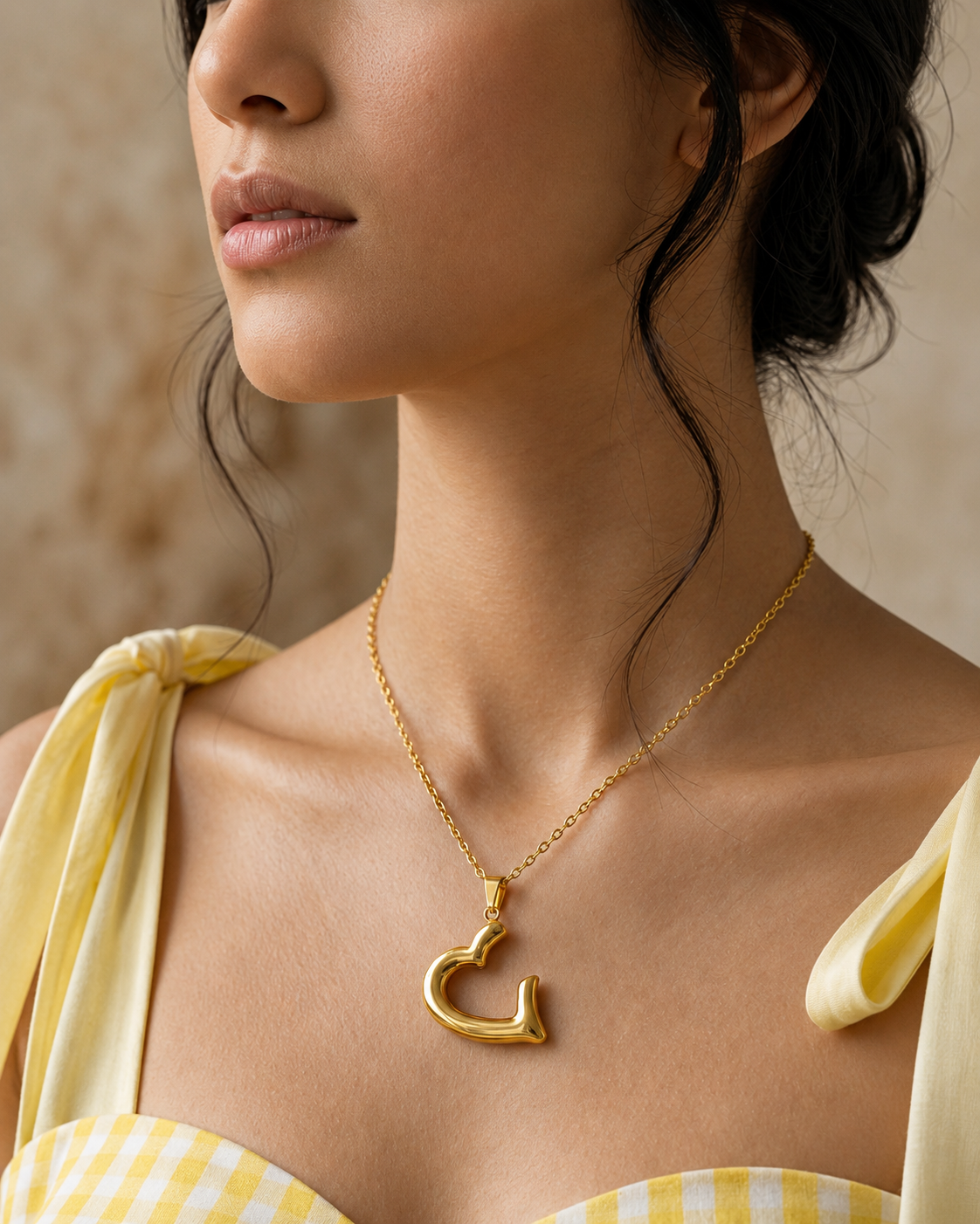 Arabic Heart Pendant Necklace in Stainless Steel with Real Gold Plating