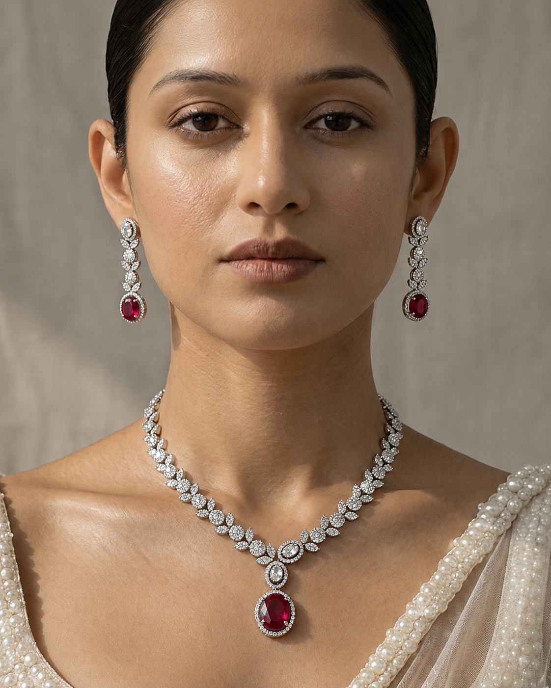 White Rhodium Finish CZ Diamonds Necklace Earrings Set