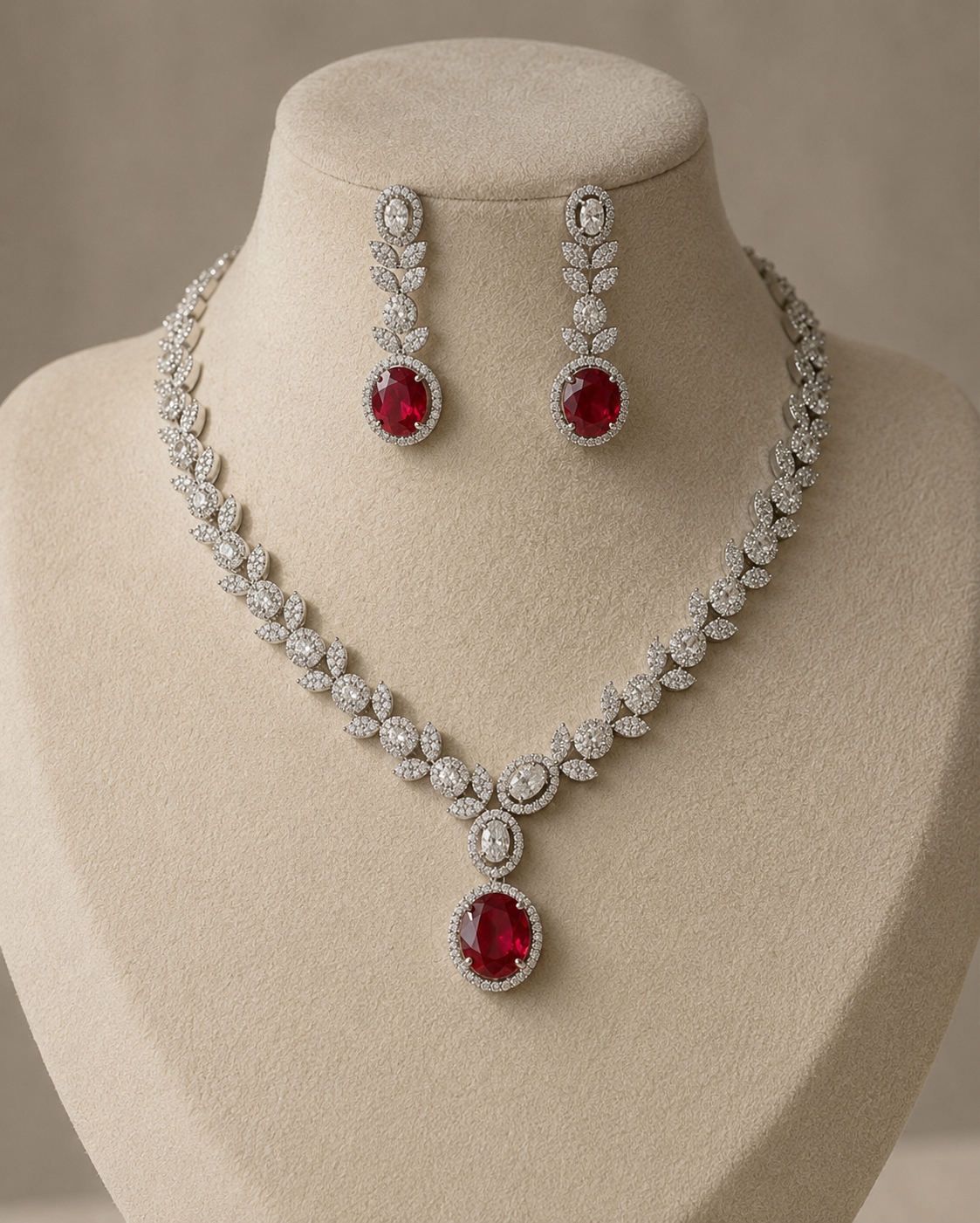 White Rhodium Finish CZ Diamonds Necklace Earrings Set