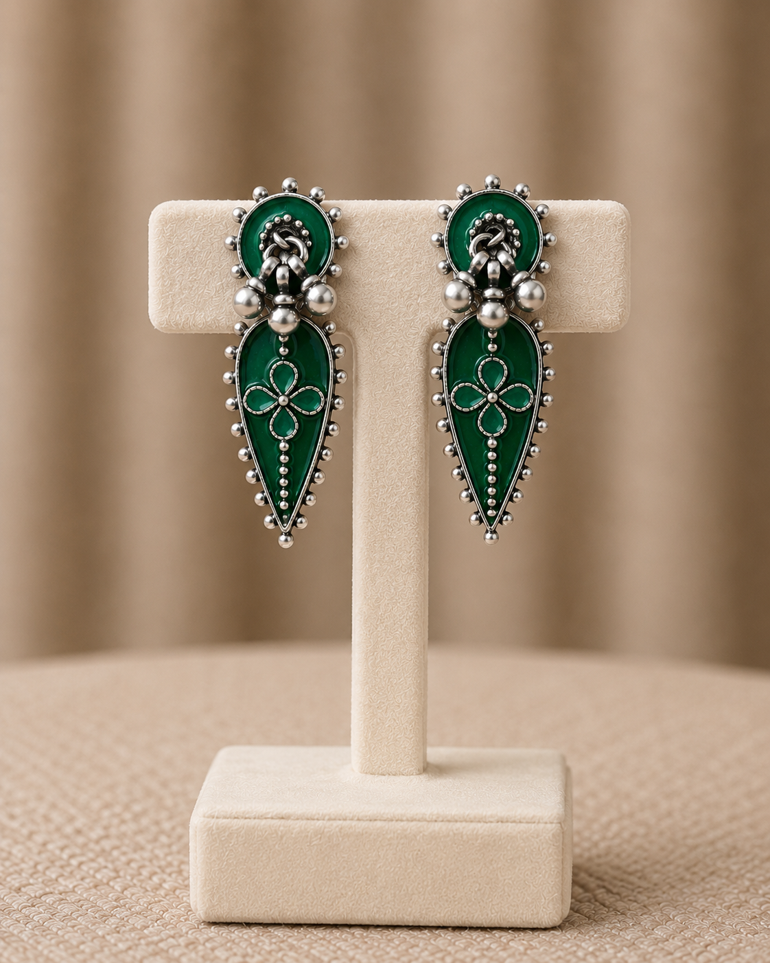 925 Silver Amrapali Green Enamel Statement Earrings – Timeless Tribal Elegance