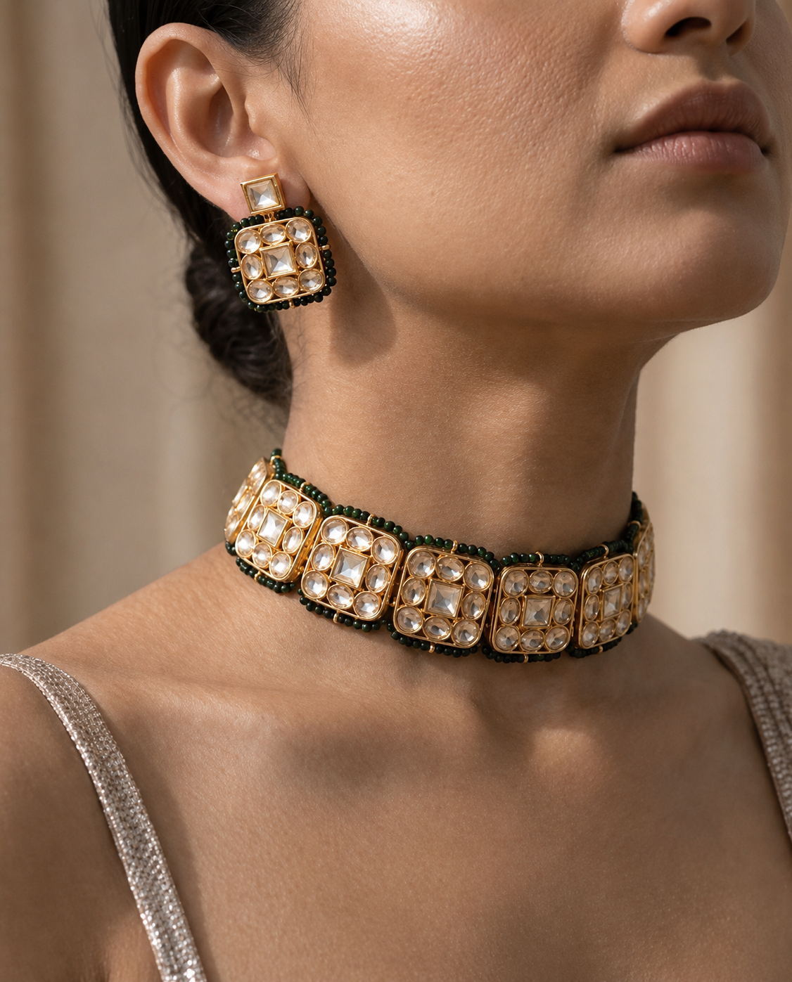 Gold & Kundan Choker Set with Green String Accents