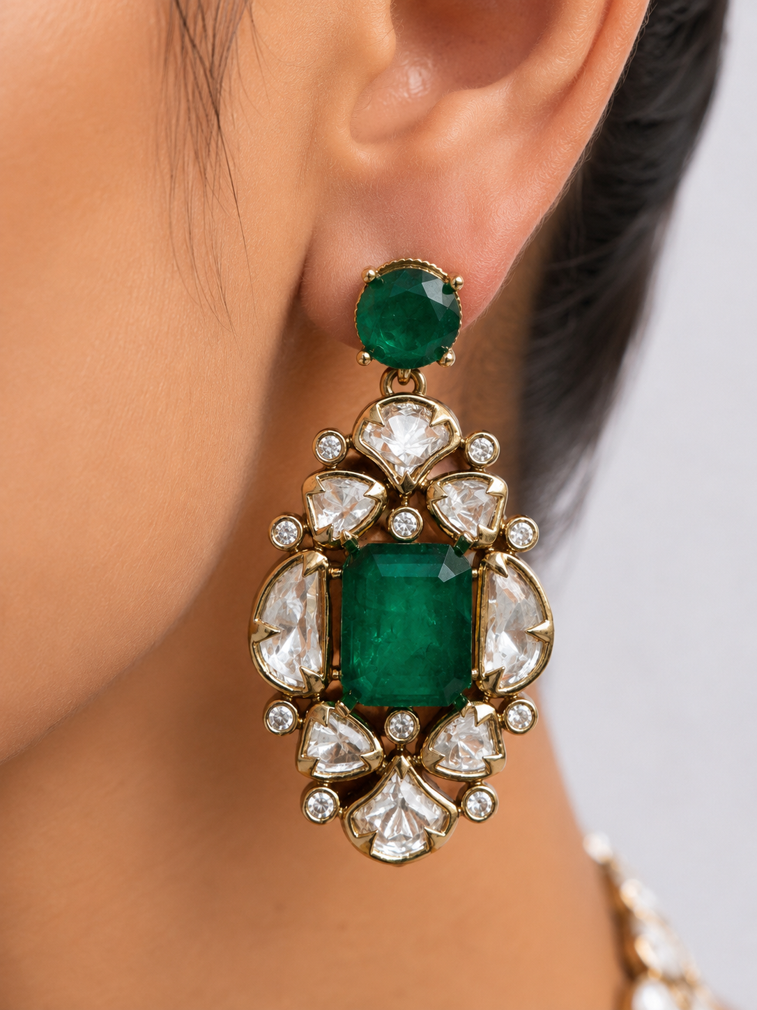 22K Mehendi Gold Plated Antique Polki Diamond Choker Necklace Set with Emerald Accents | Heritage Bridal &amp; Statement Jewellery with Matching Earrings