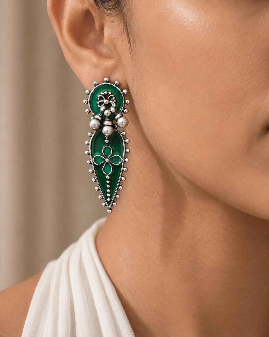 925 Silver Amrapali Green Enamel Statement Earrings – Timeless Tribal Elegance