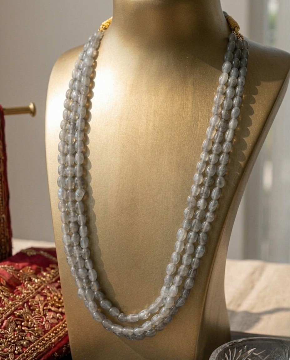 Moonstone-Inspired Grey Multi-Strand Semi-Precious Stone Necklace
