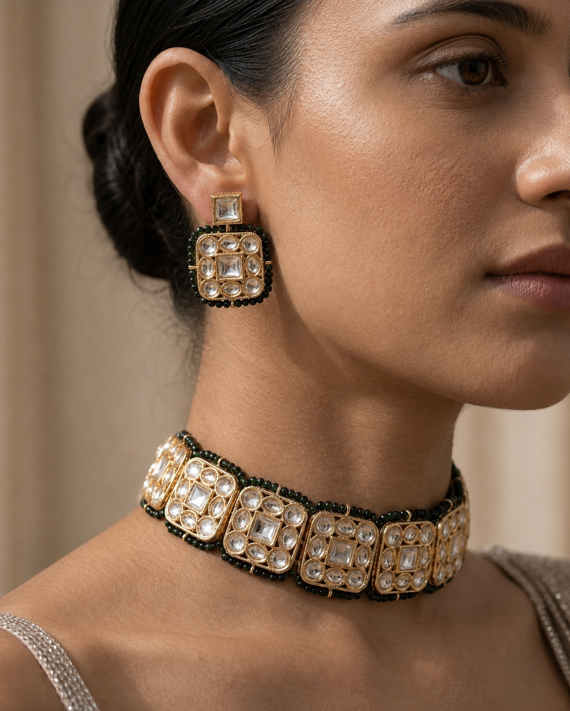 Gold & Kundan Choker Set with Green String Accents