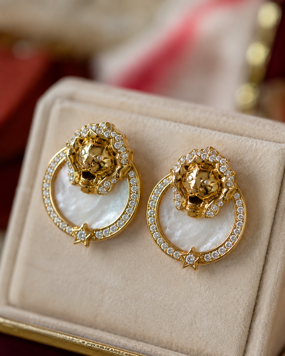 Regal Lion Motif Gold Earrings with Diamond Accents