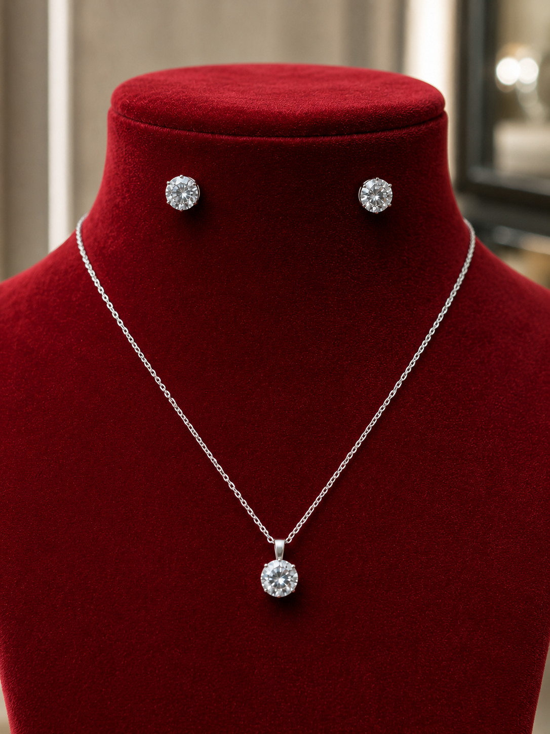Round Solitaire Pendant Necklace with Matching Stud Earrings | Classic 4-Prong Diamond-Style Necklace Set