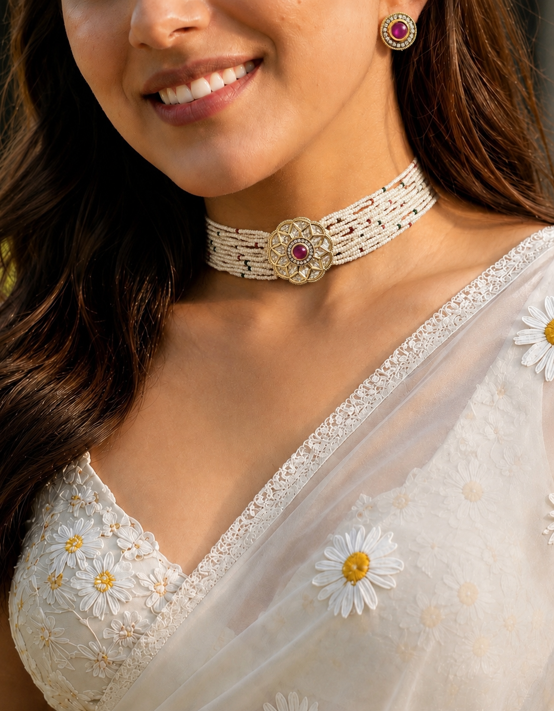 Multi-Strand Pearl &amp; Multicolor Bead Choker with Gold Floral Centerpiece | Beaded Choker with Matching Stud Earrings
