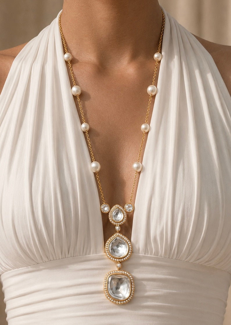 Elegant Gold and Pearl Long Necklace Set with Clear Stones