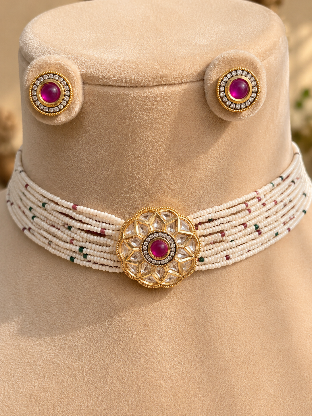 Multi-Strand Pearl &amp; Multicolor Bead Choker with Gold Floral Centerpiece | Beaded Choker with Matching Stud Earrings