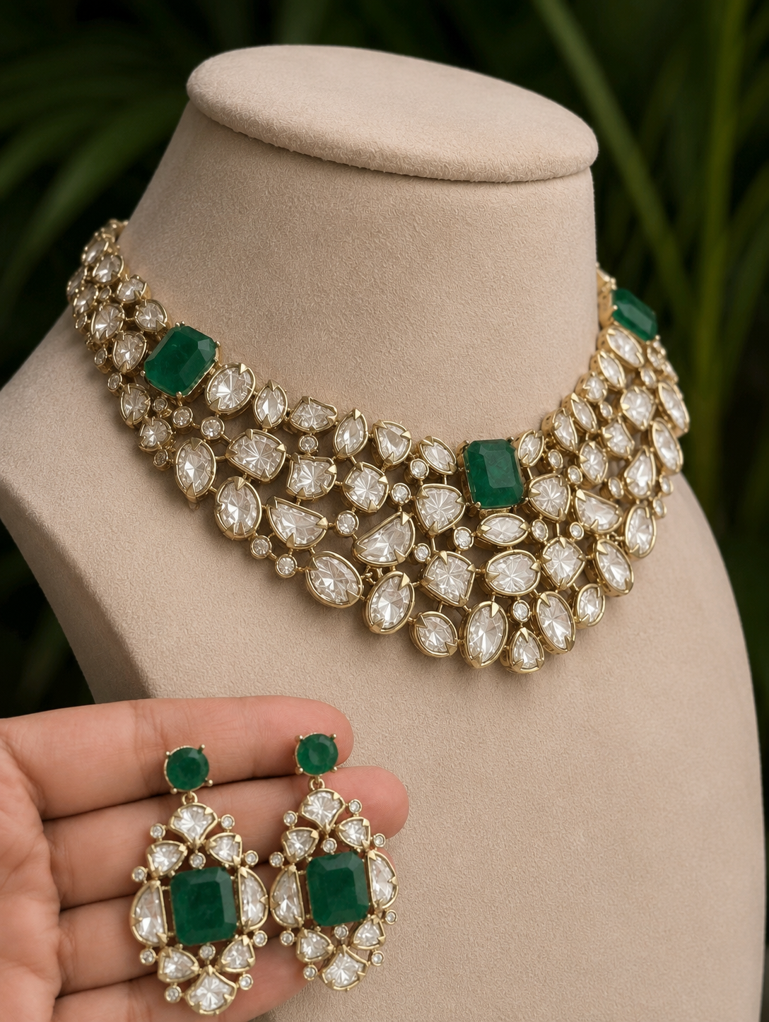 22K Mehendi Gold Plated Antique Polki Diamond Choker Necklace Set with Emerald Accents | Heritage Bridal &amp; Statement Jewellery with Matching Earrings