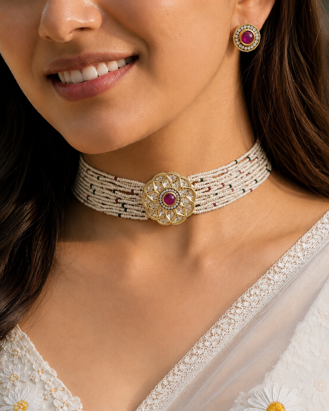 Multi-Strand Pearl &amp; Multicolor Bead Choker with Gold Floral Centerpiece | Beaded Choker with Matching Stud Earrings