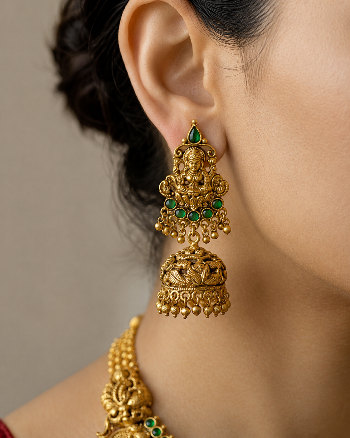 Handcrafted Laxmi Temple Necklace: Gold Plated, Green Stones