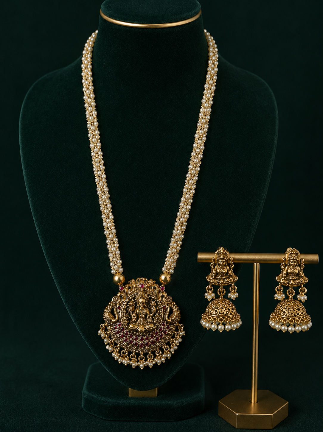 Radiance of Tradition: Pearl & Gold Temple Jewelry Set