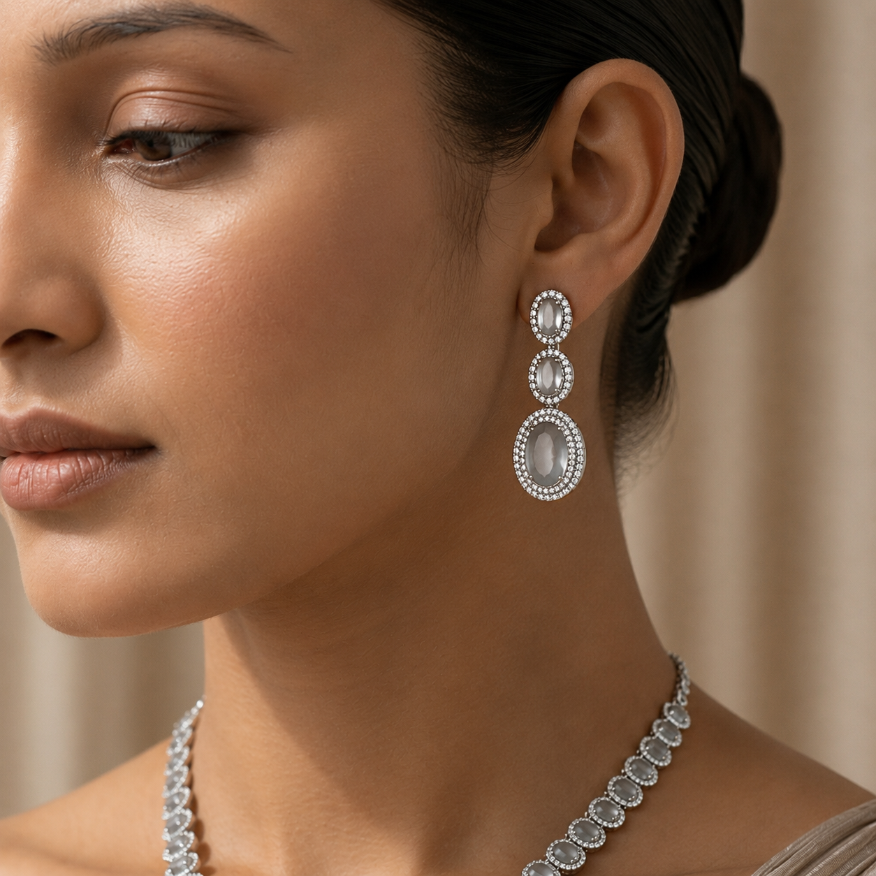 Grey Stone CZ Stone Studded Necklace Set