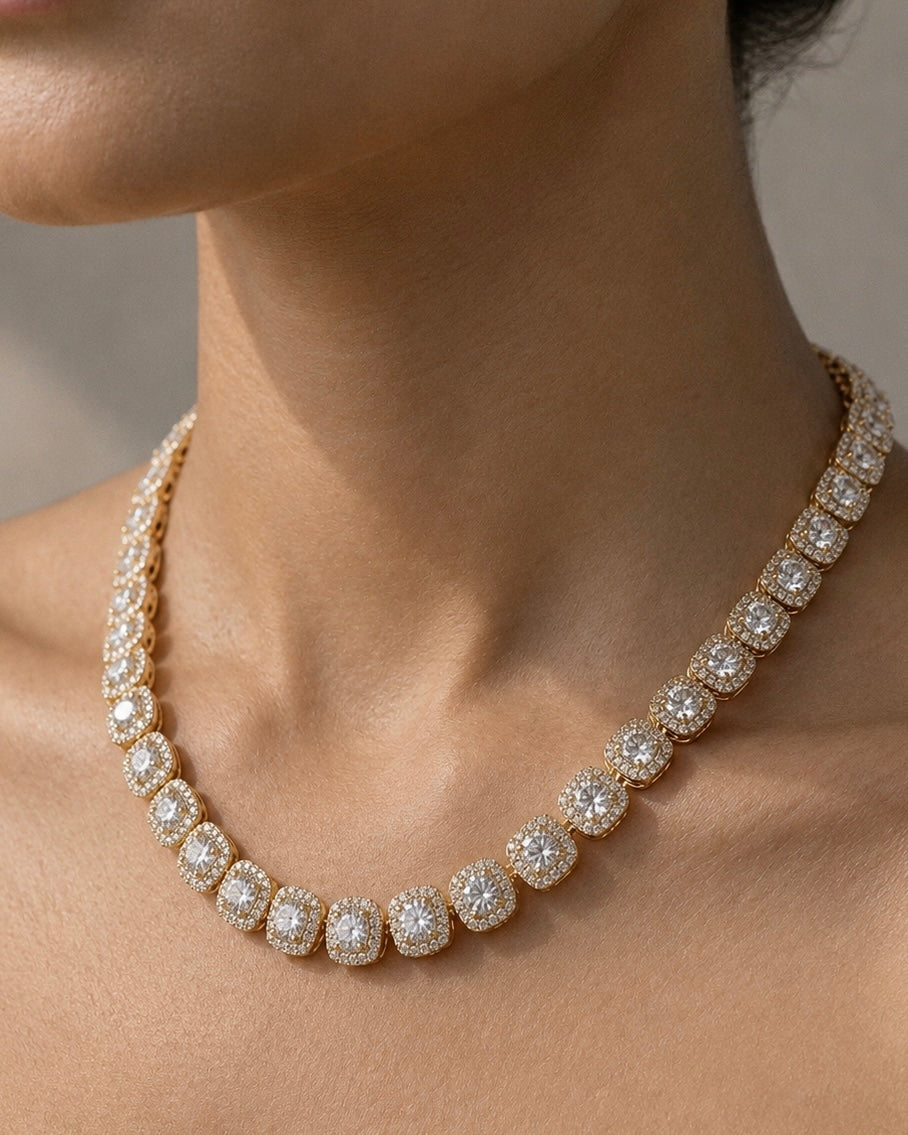 Gold Bezel-Set Necklace with Brilliant-Cut Clear Stones