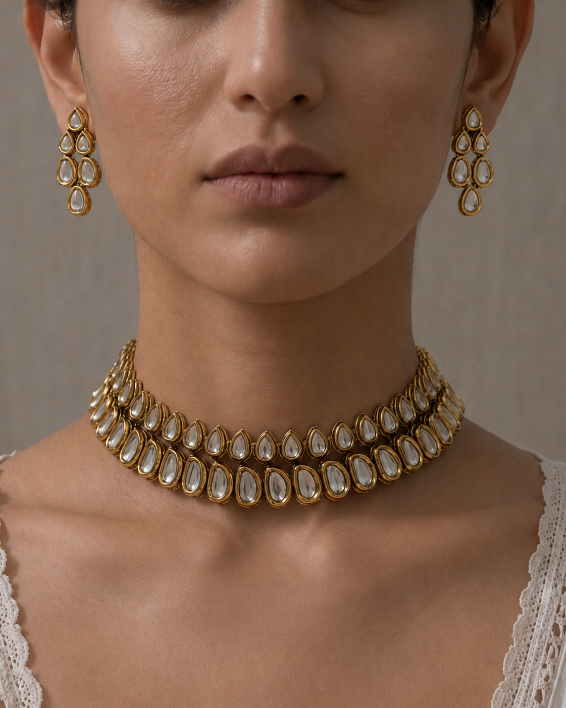 Gold & Kundan Teardrop Choker Necklace Set with Earrings