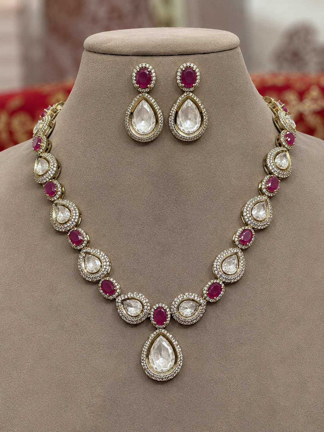 Ethereal Elegance Mossanite Polki Ruby Necklace Set