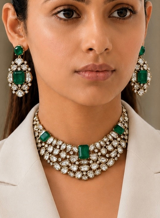 22K Mehendi Gold Plated Antique Polki Diamond Choker Necklace Set with Emerald Accents | Heritage Bridal &amp; Statement Jewellery with Matching Earrings