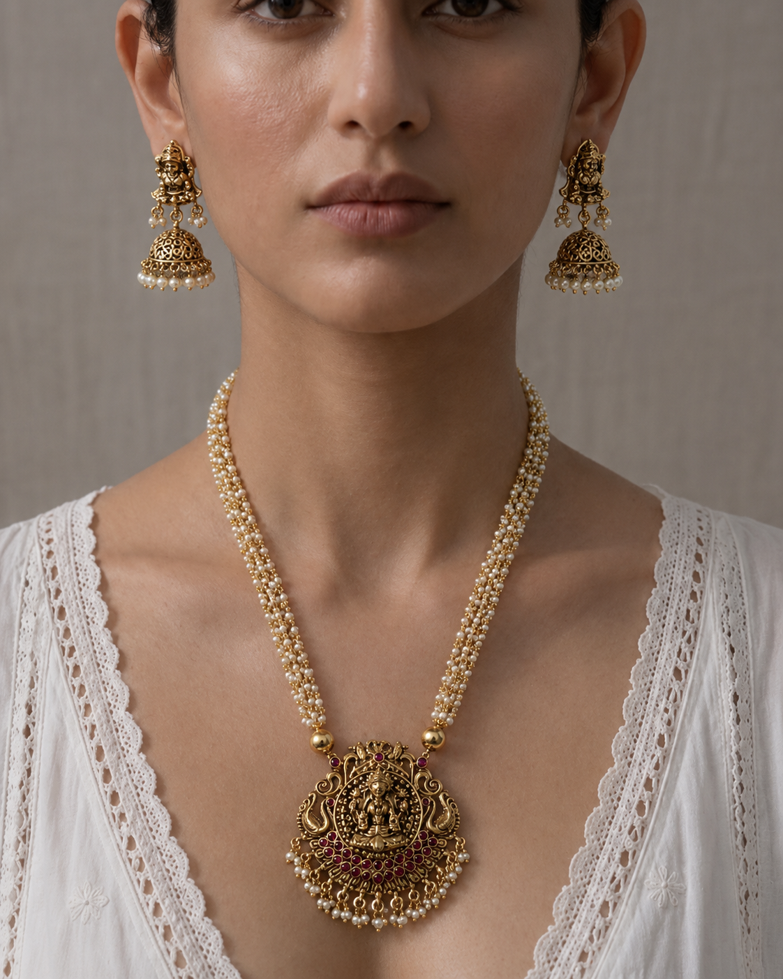 Radiance of Tradition: Pearl & Gold Temple Jewelry Set