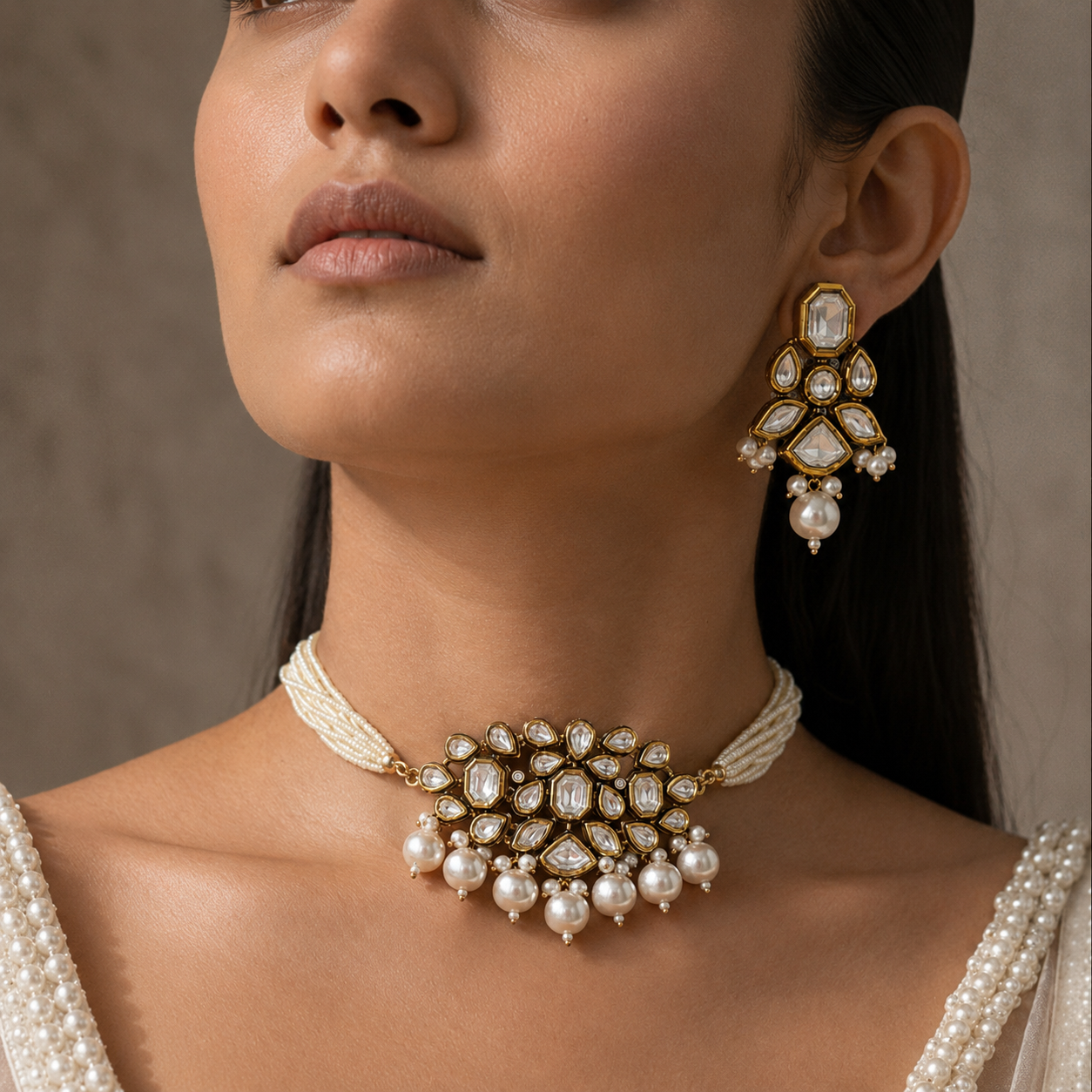 Gold-Plated Handcrafted Kundan & White Pearls Choker