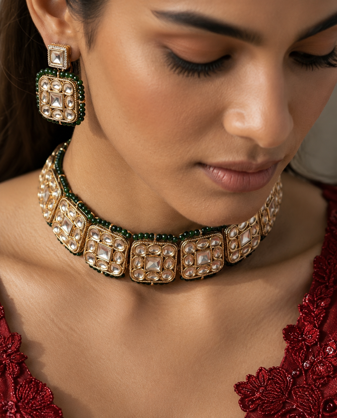 Gold & Kundan Choker Set with Green String Accents