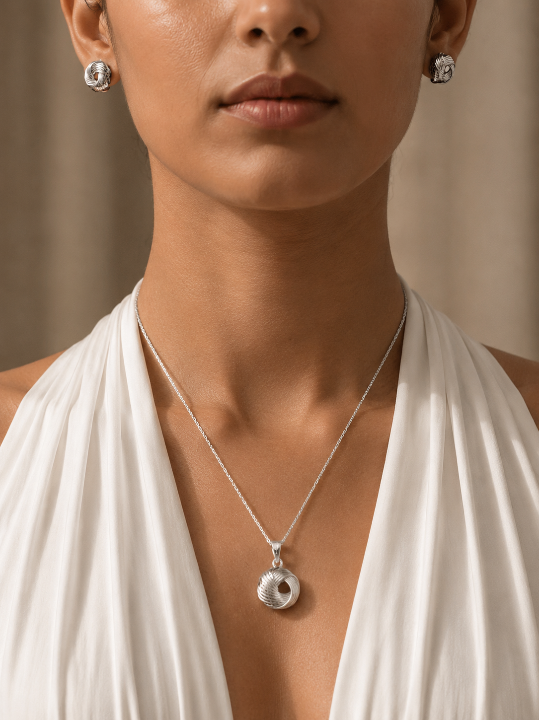 925 Silver Pendant and Earring Set with Textured Ball Design