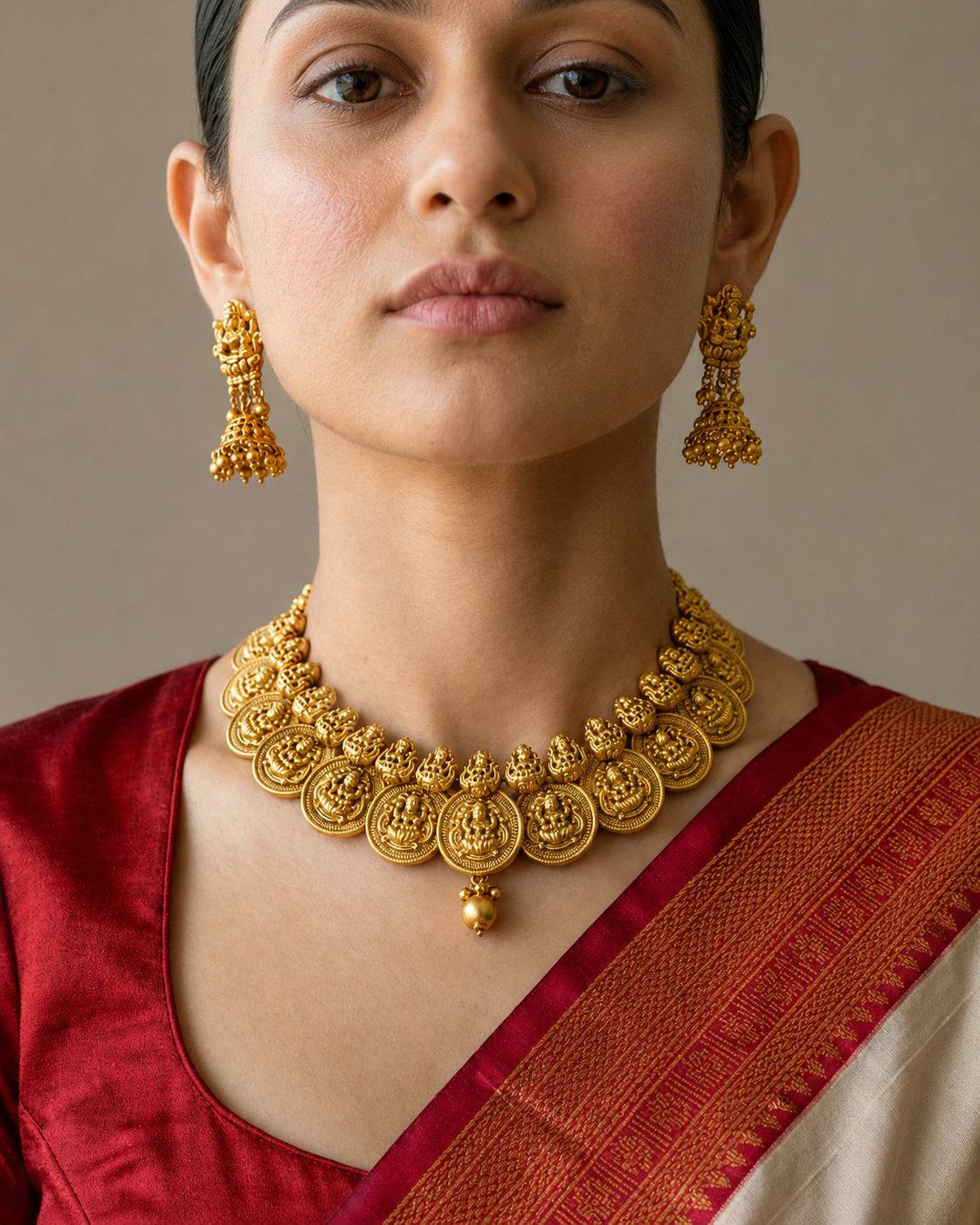 Gold Temple Necklace Set with Jhumkis - Handcrafted Elegance