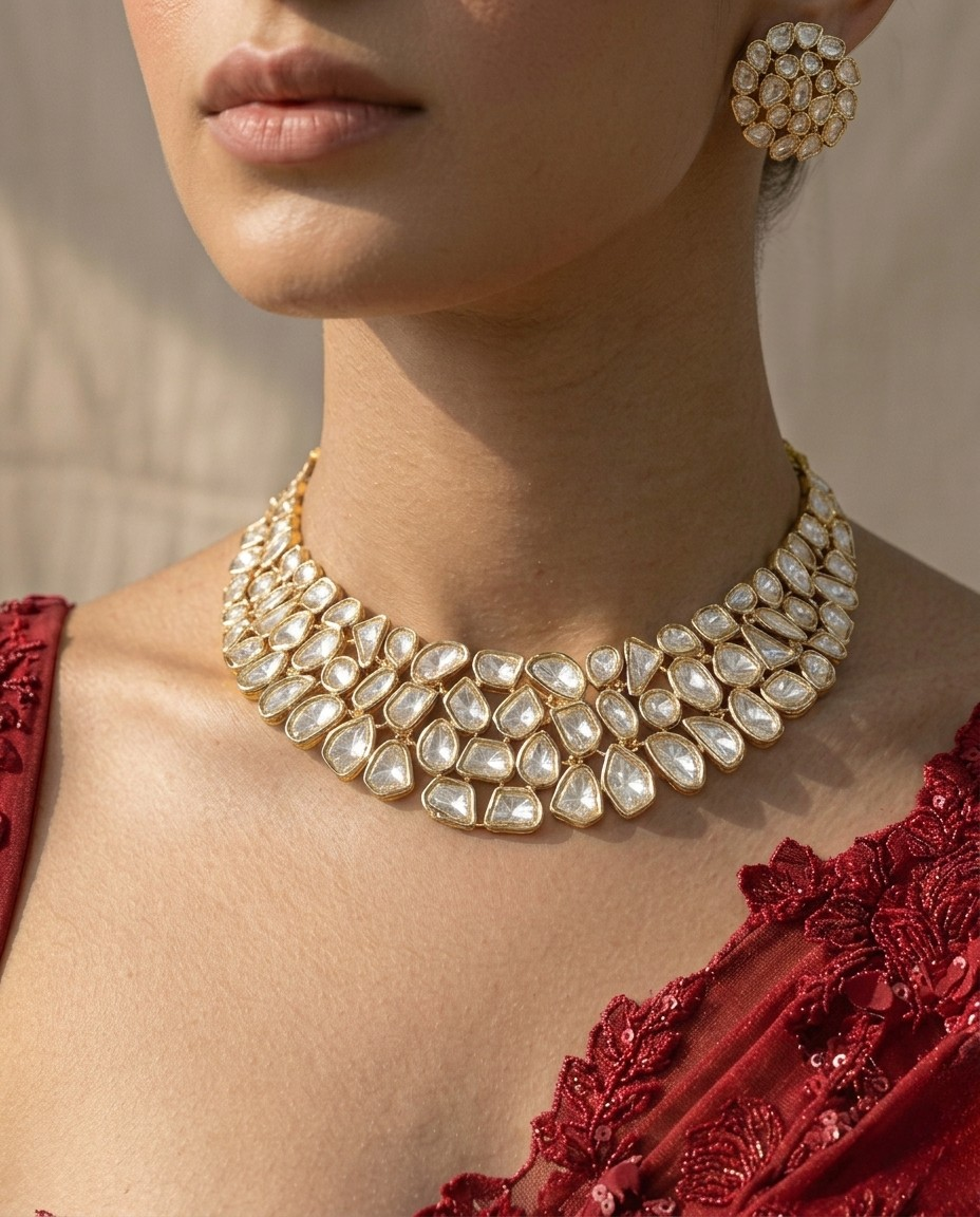 22K Gold Plated Uncut Kundan Choker Set – Royal Bridal Edit