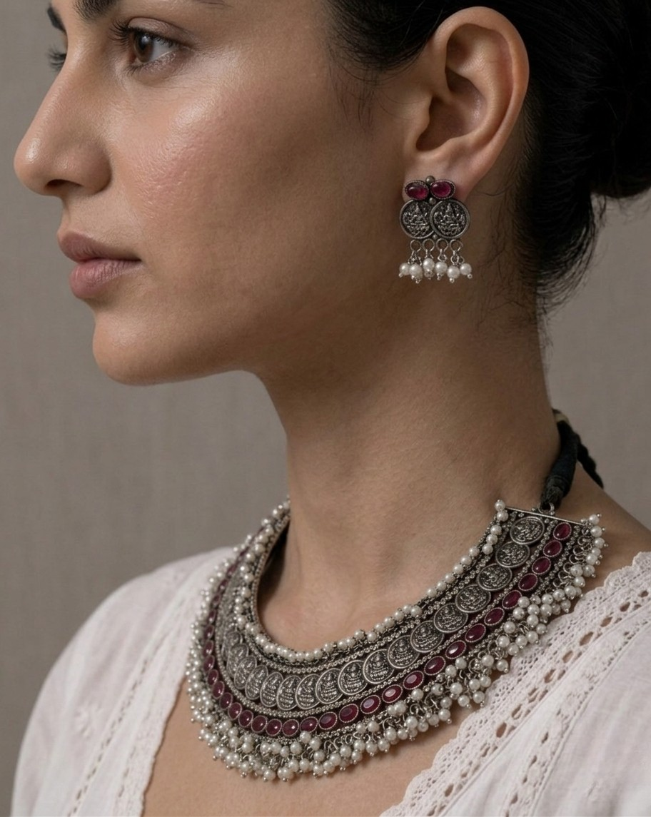 Oxidised Silver Statement Necklace Set with Red Stone Detailing & Pearl Fringe