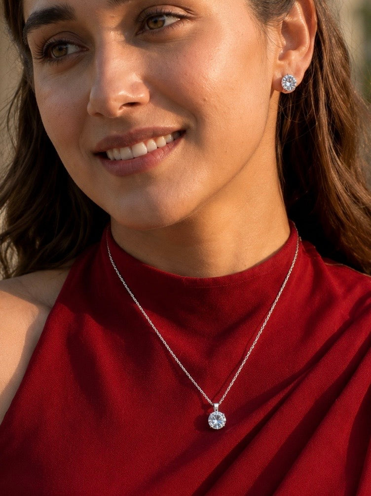 Round Solitaire Pendant Necklace with Matching Stud Earrings | Classic 4-Prong Diamond-Style Necklace Set