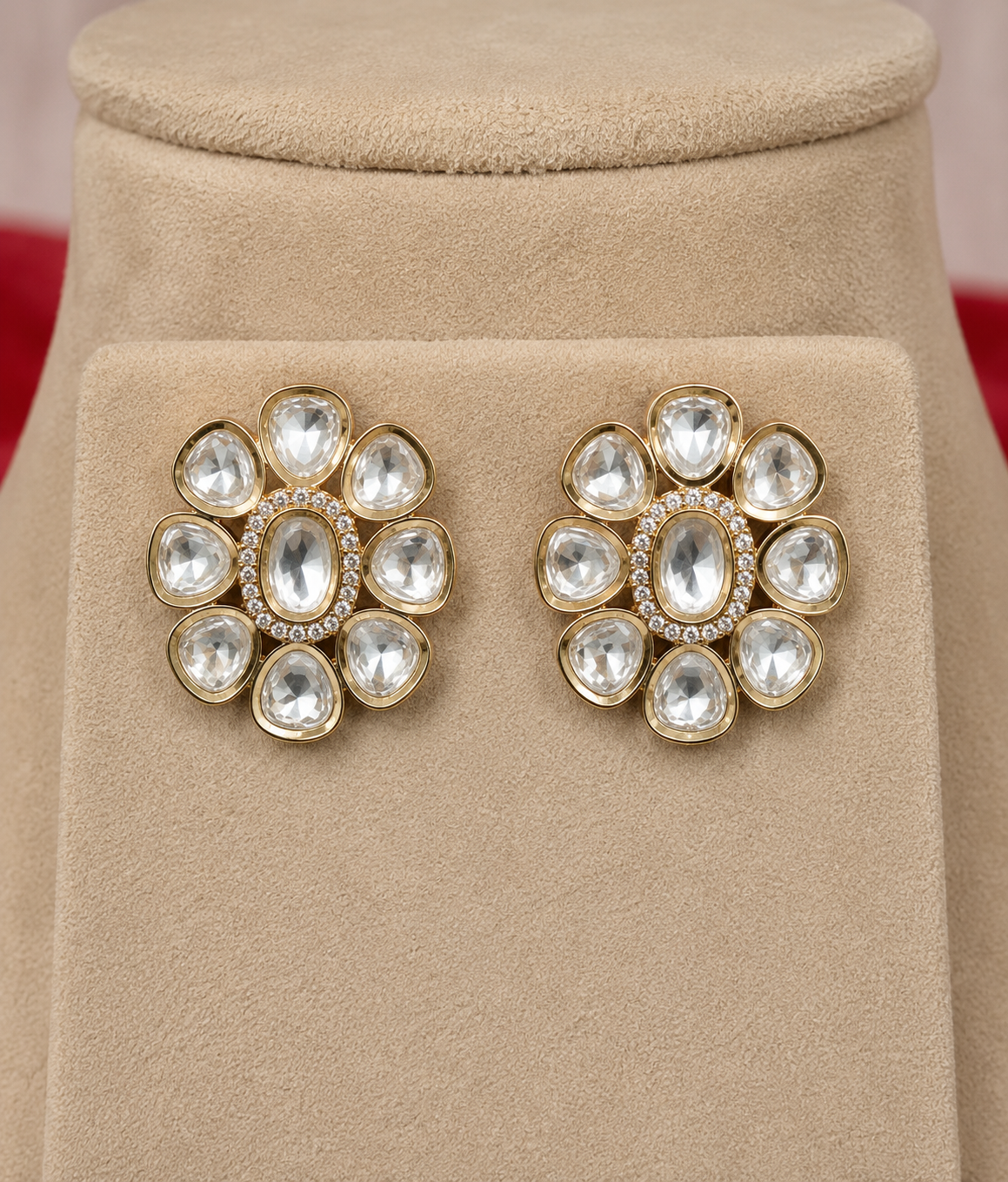 Gold Floral Earring & Double-Layer Necklace Set with Clear Gemstones