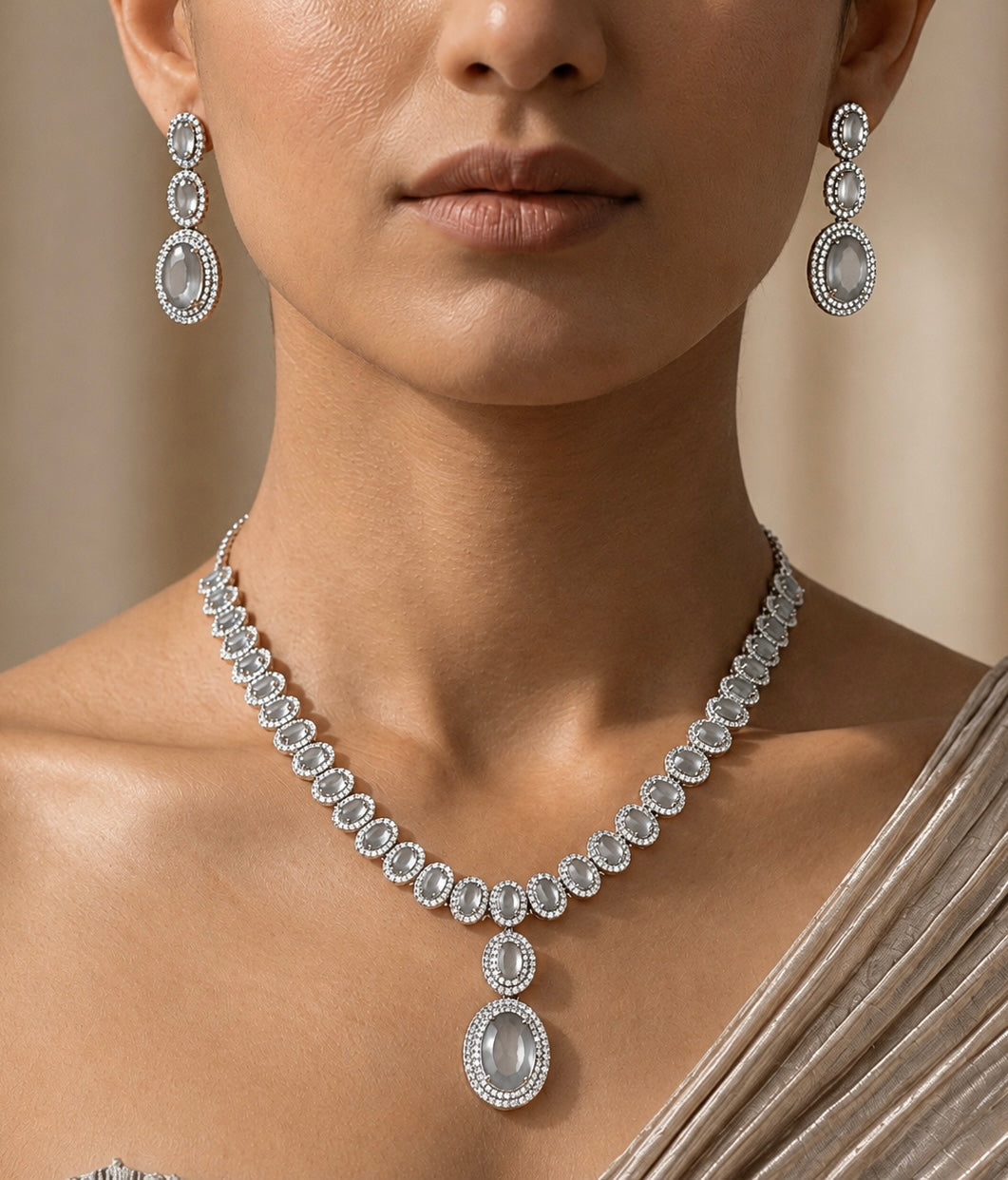 Grey Stone CZ Stone Studded Necklace Set