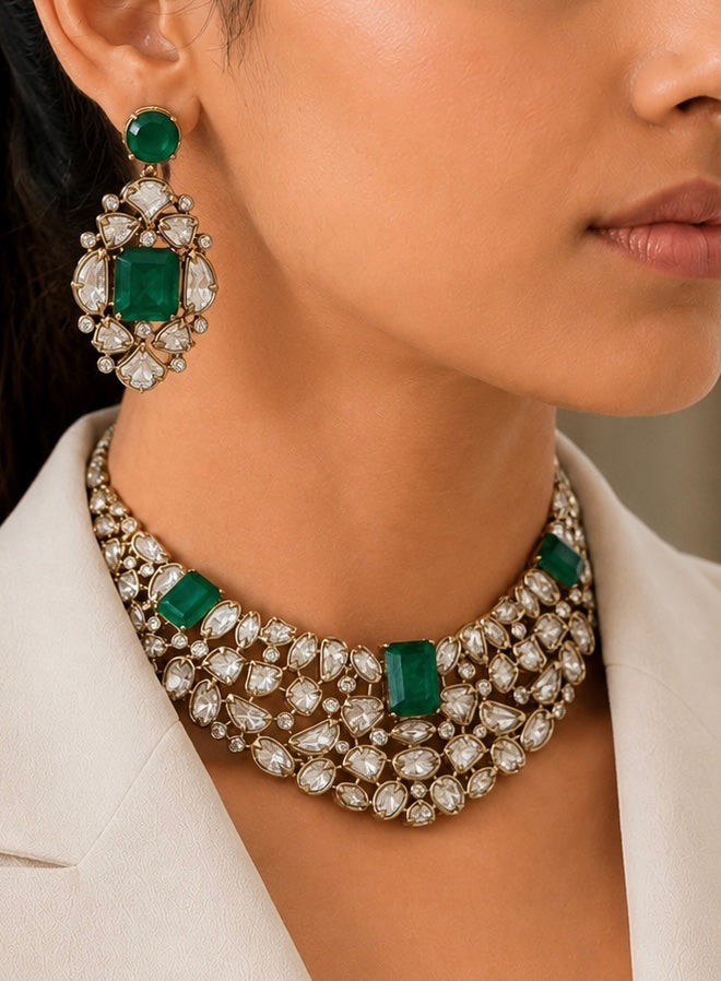 22K Mehendi Gold Plated Antique Polki Diamond Choker Necklace Set with Emerald Accents | Heritage Bridal &amp; Statement Jewellery with Matching Earrings