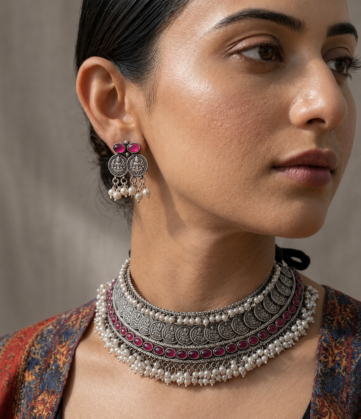 Oxidised Silver Statement Necklace Set with Red Stone Detailing & Pearl Fringe