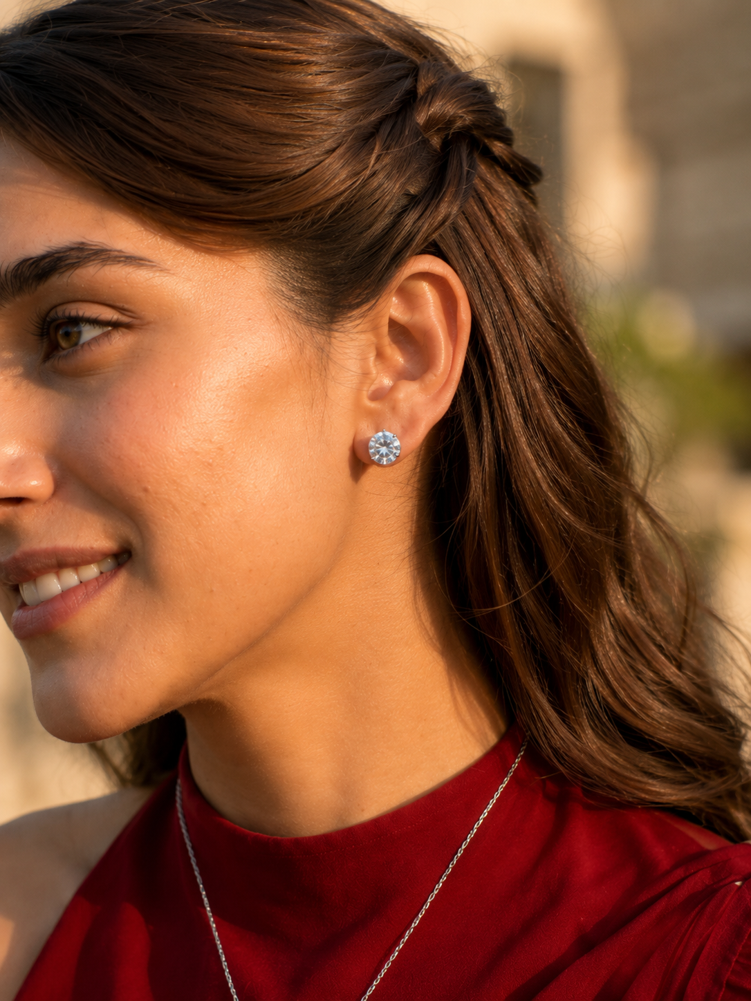 Round Solitaire Pendant Necklace with Matching Stud Earrings | Classic 4-Prong Diamond-Style Necklace Set