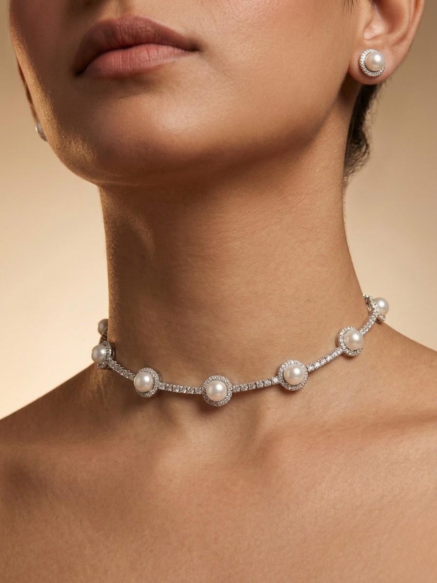 Pearl Choker and Earring Set with Halo Stone Detailing