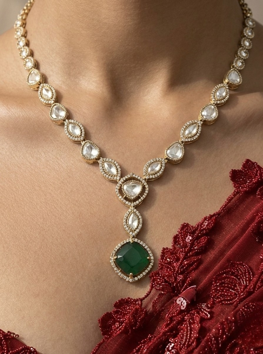 Gorgeous Moissanite Polki Necklace Set: Timeless Elegance