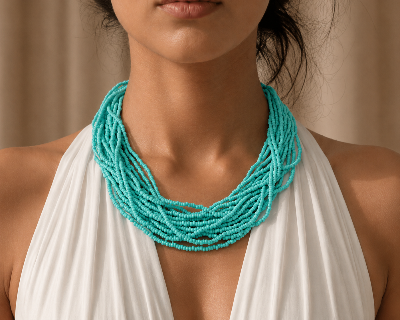 Twisted Turquoise Beaded Necklace – Multi-Strand Layered Elegance with Adjustable Silver Clasp