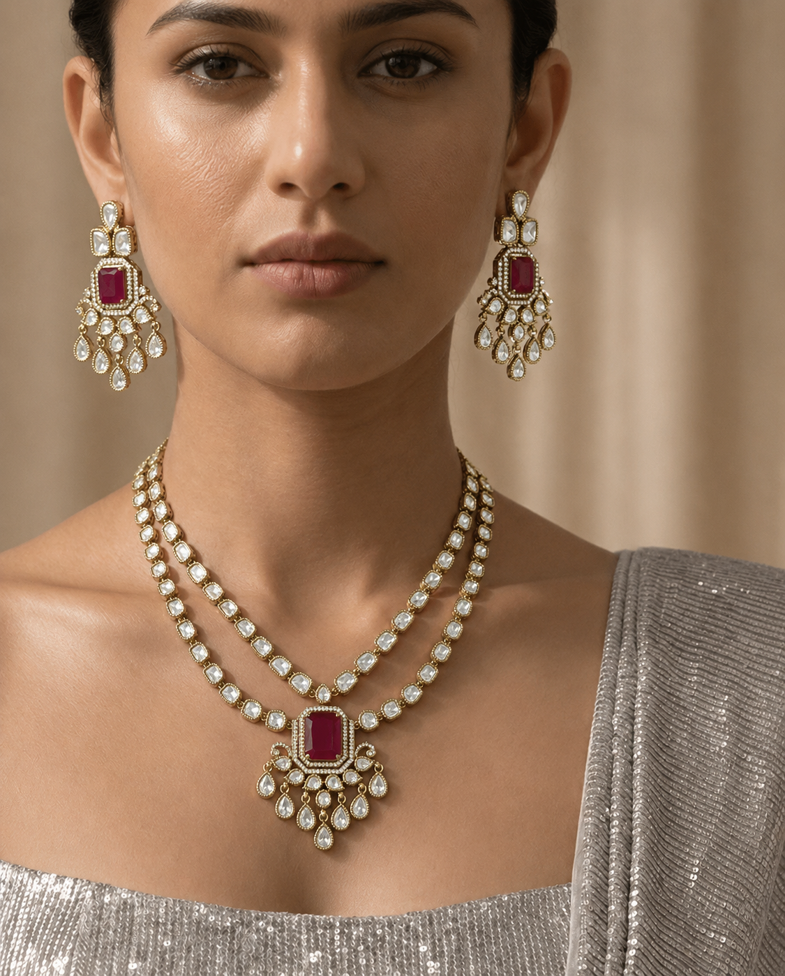 Moissanite Polki Studded Double Layer Ruby Necklace Set