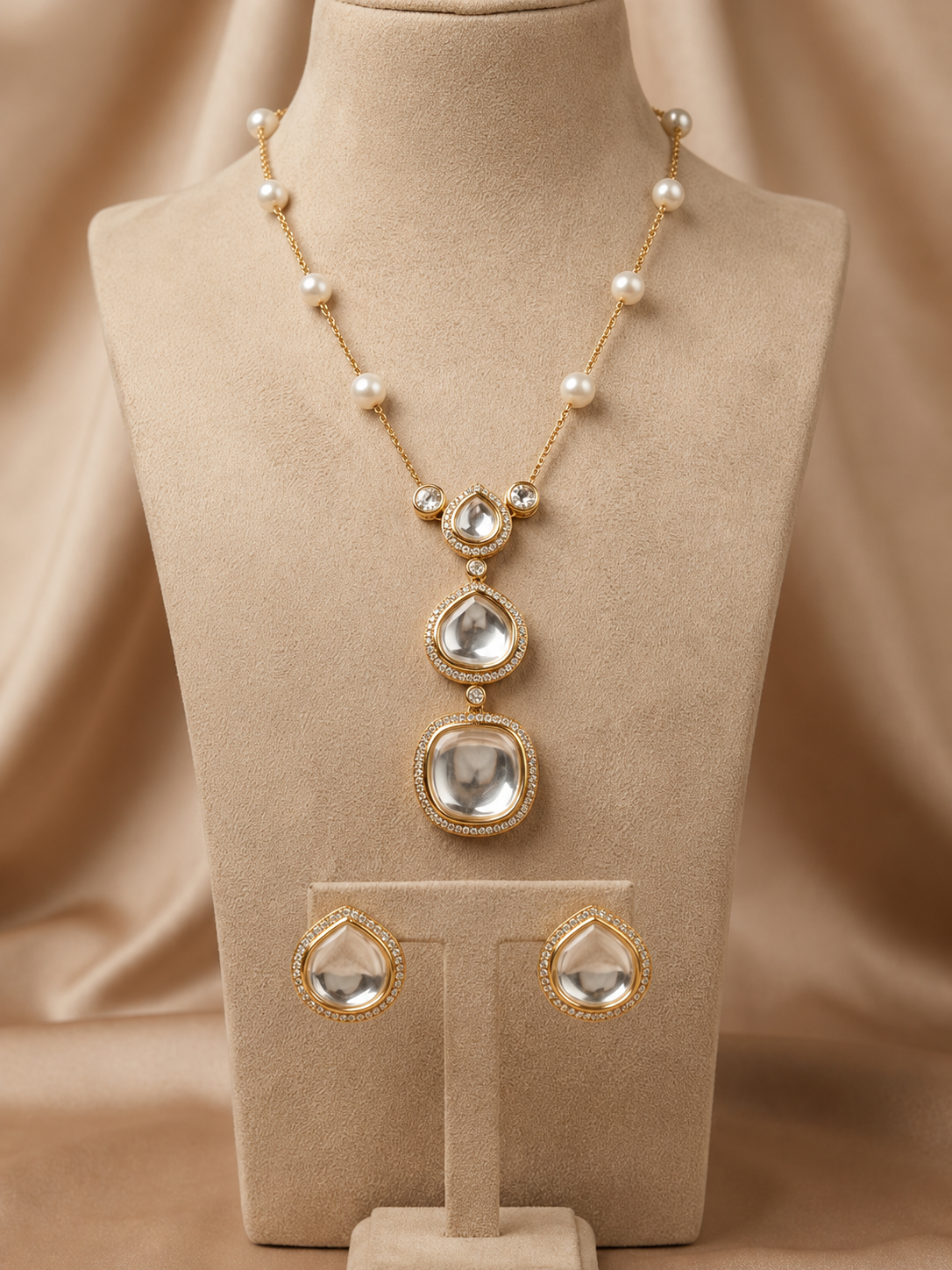 Elegant Gold and Pearl Long Necklace Set with Clear Stones