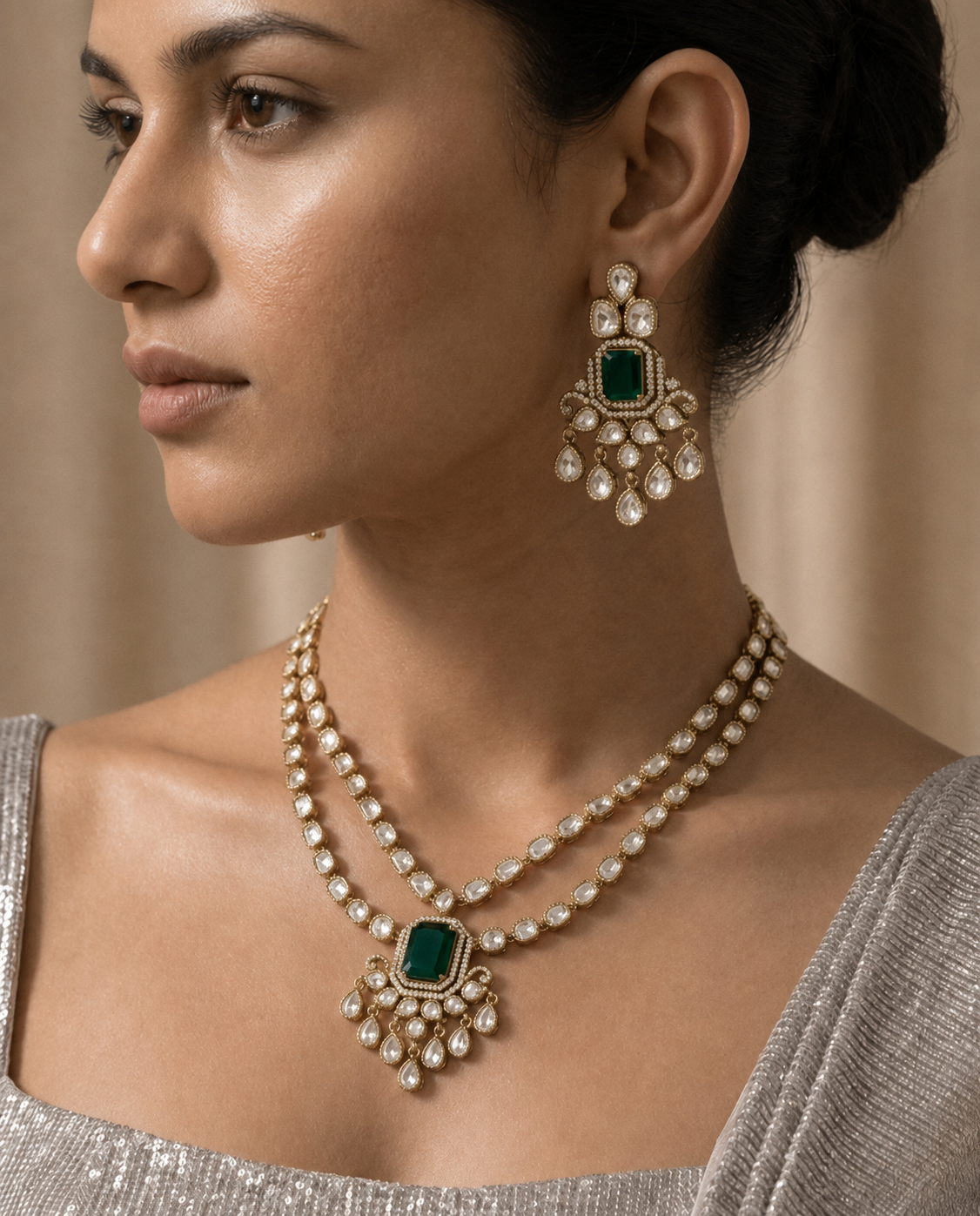 Moissanite Polki Studded Double Layer Emerald Necklace Set