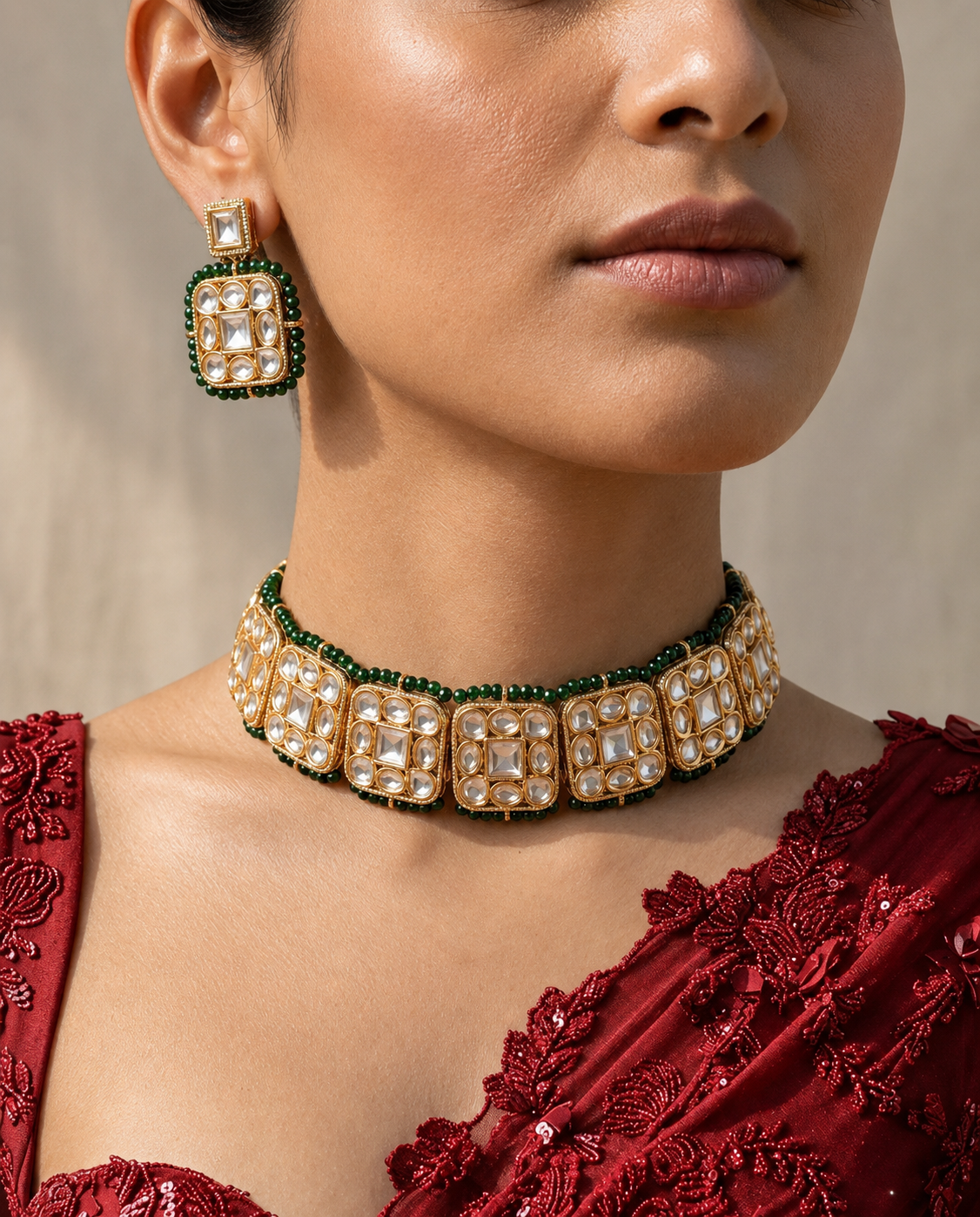 Gold & Kundan Choker Set with Green String Accents
