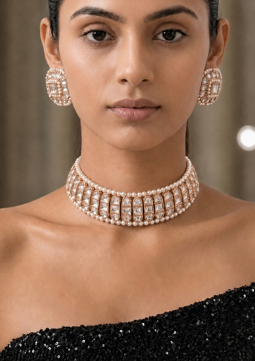 Rose Gold Kundan-Studded Pearl Choker Set