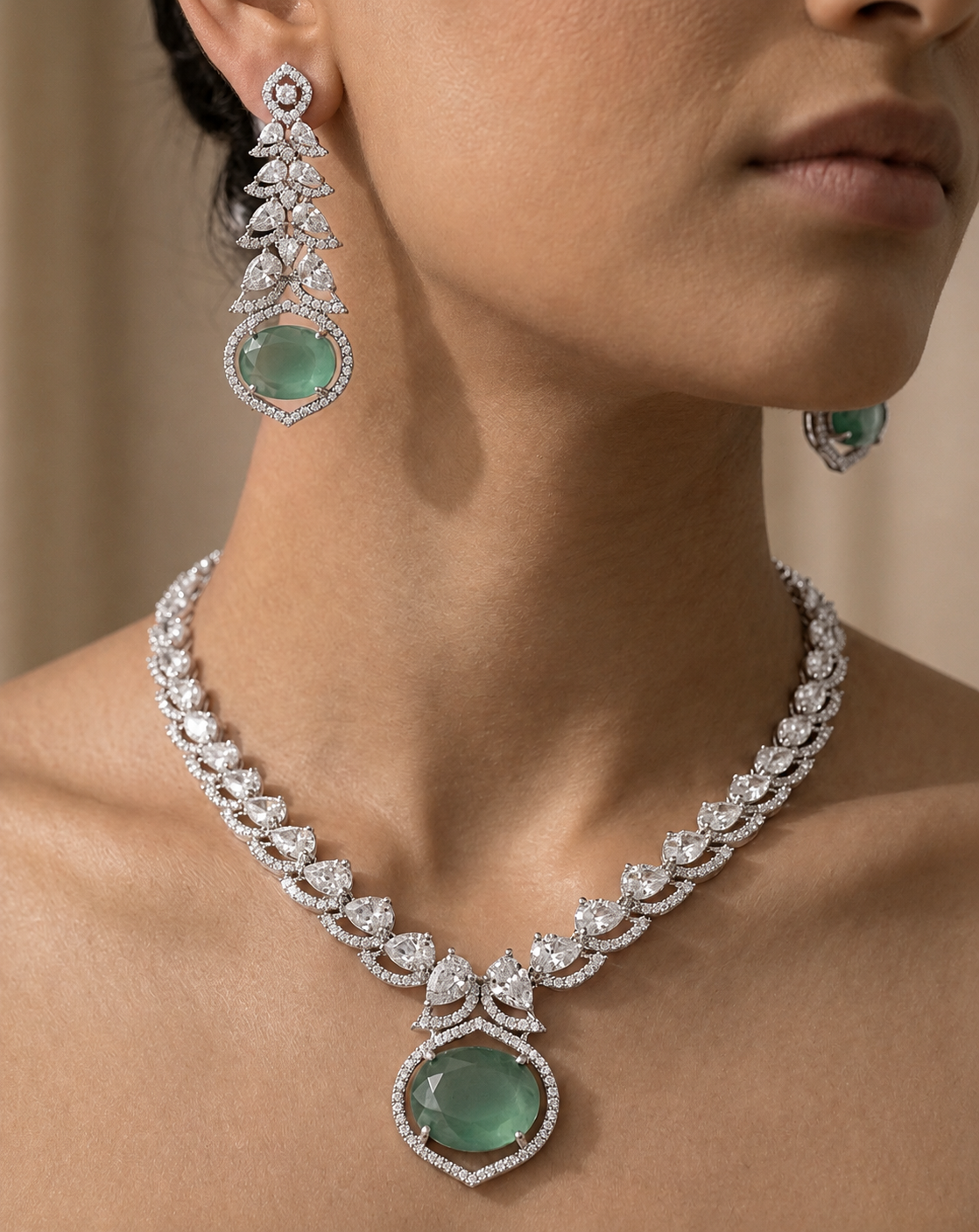 Green Radiance Diamond Halo Jewelry Set